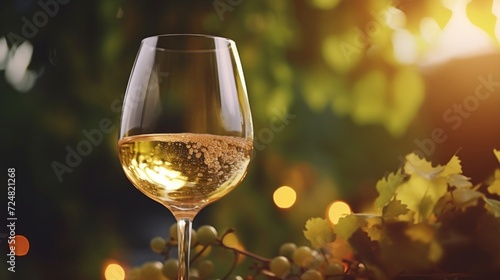 A crisp glass of white wine set among grape leaves, capturing the essence of vineyard elegance in the warm glow of the evening.