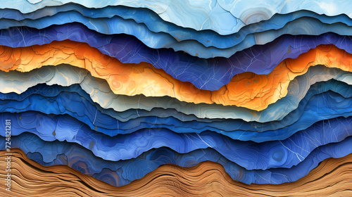 Wallpaper Mural Layered paper art featuring different shades of blue and orange, resembling a topographical map or abstract waves Torontodigital.ca