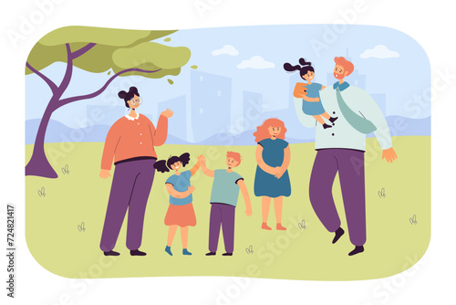 Couple with four children walking in city park, spending time together. Vector illustration. Call to have more children. Large family, demographic increase concept