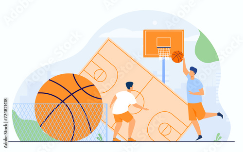 Boys playing streetball at sports ground. Vector illustration. Huge ball, playground, basketball hoop. Sport, courtside madness concept