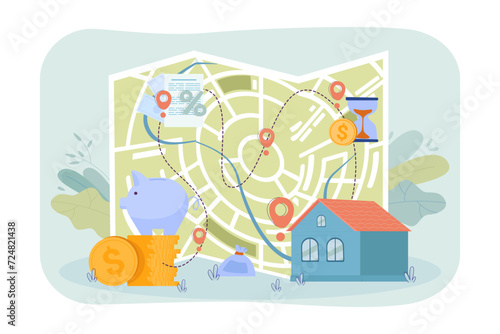 Home buying road map. Vector illustration. Map with points with main stages of buying house. Piggy bank, stack of coins, mortgage agreement, interest rate. Real estate, house purchase concept