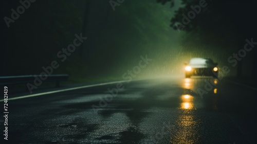 Vehicle with headlights on driving down a wet road amidst a heavy rainstorm in a dense forest setting.