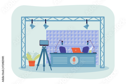 Broadcasting studio setup vector illustration. Microphone, camera, spotlights, table and chairs. Broadcasting, life news concept