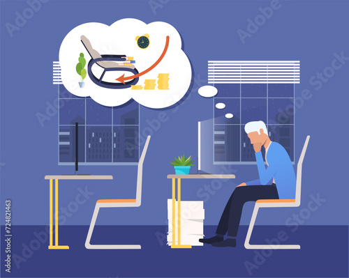 Office employee sitting among stack of documents in office and thinking about small pension benefits. Vector illustration. Rocking chair and books, small pension payments. Reluctance to retire