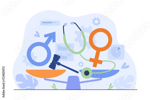 Scales with Venus and Mars symbols vector illustration. Hammer and stethoscope. Gender equality, breaking gender stereotypes concept.