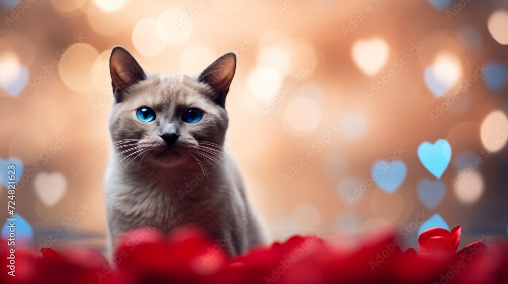 An adorable blue-eyed cat surrounded by romantic heart-shaped bokeh and red rose petals.