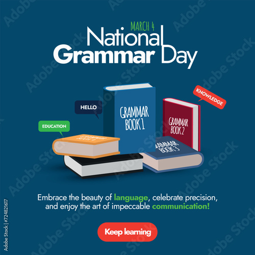 National Grammar Day. 4th March National Grammar day celebration banner with multiple cute books icons in different colours. Grammar day banner with cute books vector illustration. 