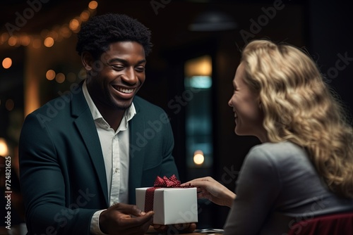 a dark-skinned man gives a gift to a girl in a car. Bright bedroom. dark cafe. Valentine's Day