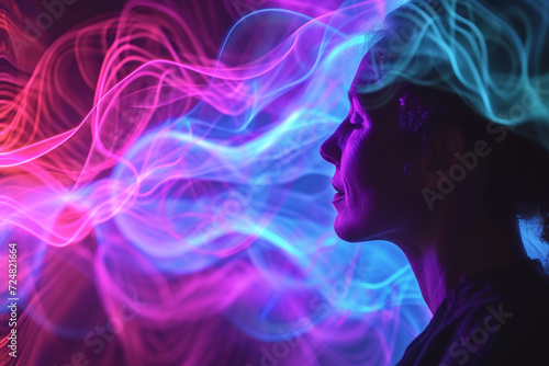Silhouette of a woman profile with vibrant neon light waves flowing around © Qmini