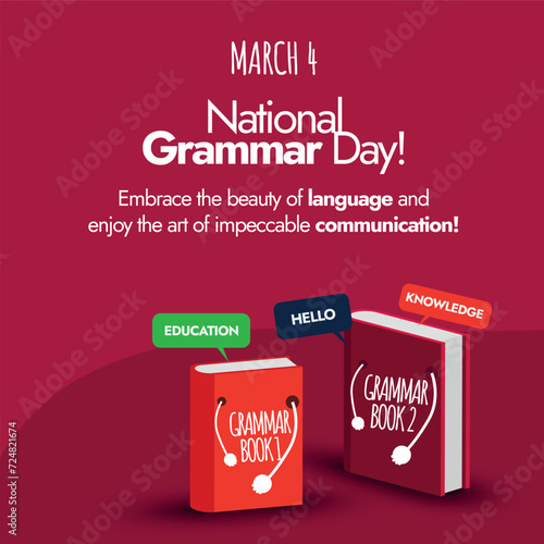 National Grammar Day. 4th March National Grammar day celebration banner minimal design in dark maroon colour theme with two cute books icon with names grammar book 1 and 2 respectively. 