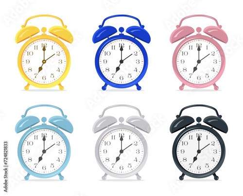 Alarm clock set isolated on a transparent background. Six color choices. Vector illustration