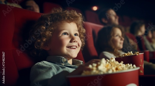 A young boy smiling brightly, immersed in a movie experience, holding a popcorn bucket.
