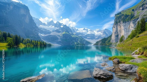Colorful summer morning on the unique Oeschinensee Lake. The splendid outdoor scene in the Swiss Alps with Bluemlisalp mountain