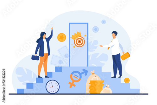 Career ladder with man and woman climbing it vector illustration. Gender equality symbol and money on background. Gender equality in leadership concept
