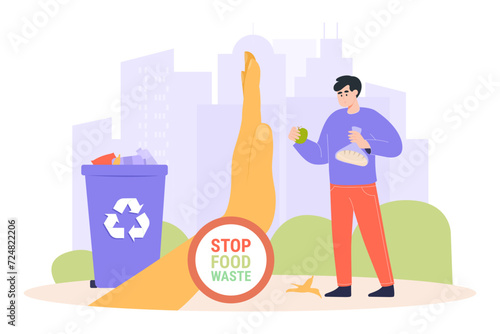 Hand with stop gesture forbidding man to throw food away vector illustration. Recycling bin with food waste. Avoiding food waste, sustainable lifestyle concept