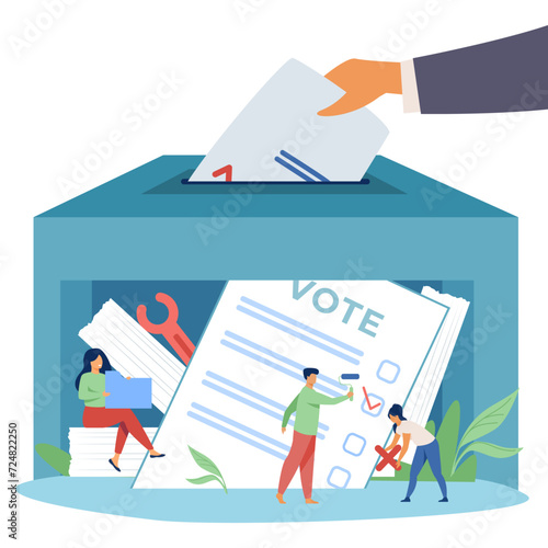 Hand putting voter list in voting ballot box vector illustration. Tiny people in box making corrections of voter lists. Voting irregularities and falsifications, dishonest elections concept photo