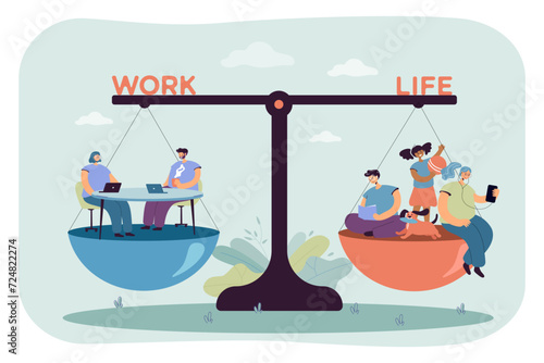 Scales with work and life weighing pans vector illustration. Man and woman working on laptops and spending time with family. Balance between work and family life concept