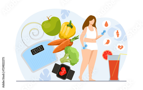 Plump woman with dumbbells doing sport vector illustration. Healthy food, tape measure, weigh scales, heart rate monitor watches, healthy organs and bones. Obesity problems, health concept