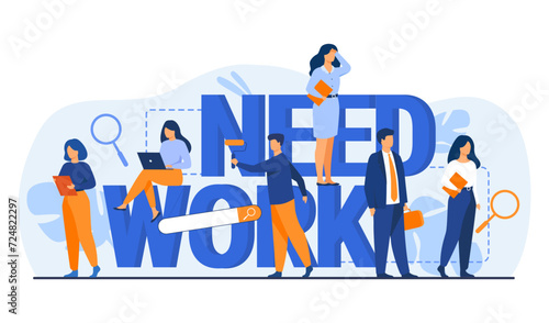 Unemployed specialists looking for job vector illustration. Need work inscription with magnifying glasses and search box. People of different occupations having difficulties to find work. Increased un
