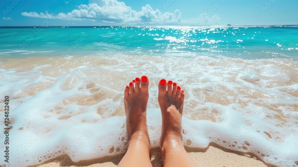 Fototapeta premium Feet of a woman, with red nail polish, touching the water on a tropical beach, sunny bright view, stock image