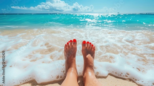 Feet of a woman, with red nail polish, touching the water on a tropical beach, sunny bright view, stock image