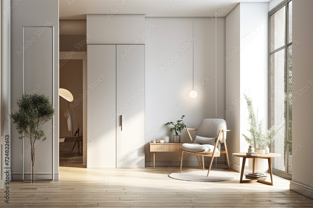 Fototapeta premium Corner view of a light living room with a white empty poster, a large window in the wall, a divider, a chair, a wardrobe, and books. The room also has a white wall and a hardwood floor. minimalist des