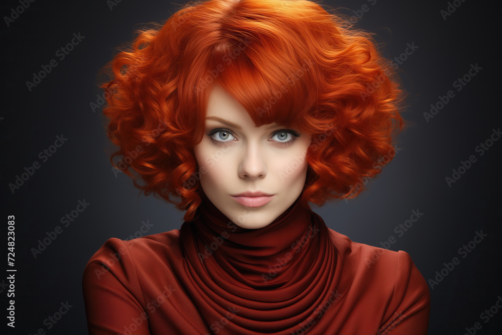 A striking woman with fiery red hair and mesmerizing blue eyes captivatingly gazes into the distance, exuding an aura of timeless beauty. Fashion style cover magazine and wallpaper