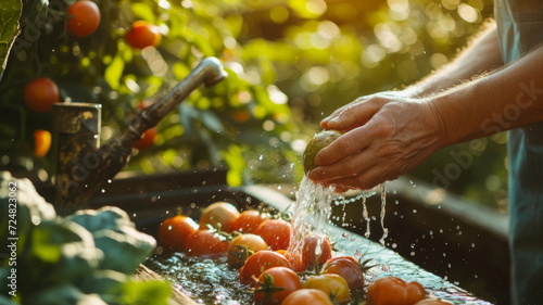 A male gardener washes freshly picked tomatoes. photo