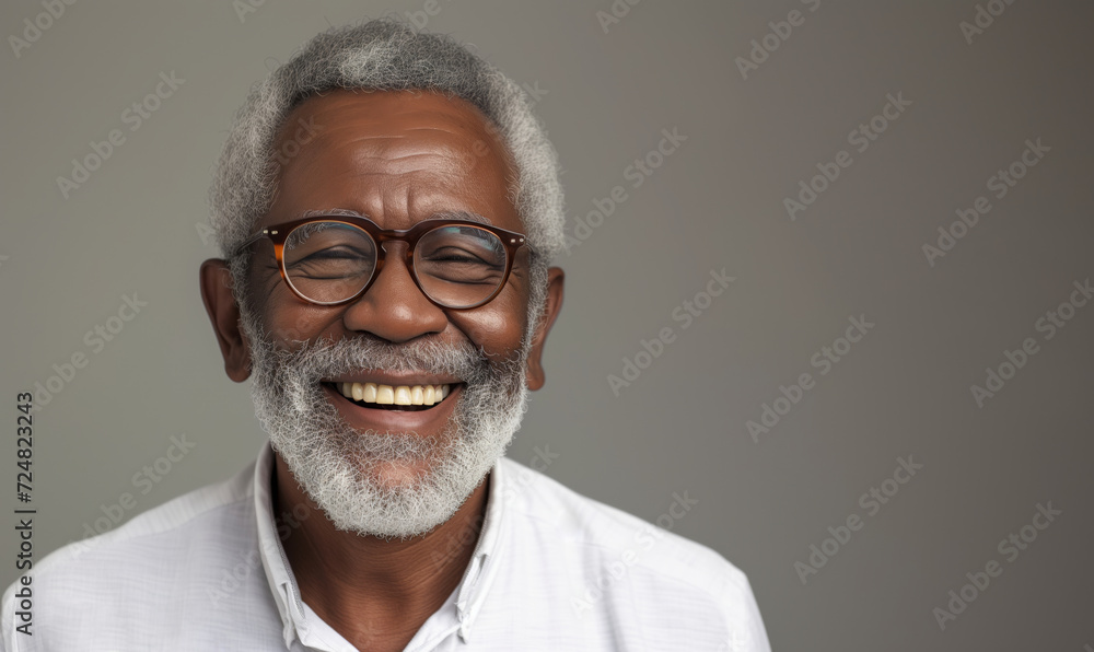Portrait of African senior man in glasses having wide charming smile stand alone indoor pose for camera Portrait of African senior man in glasses having wide charming smile stand alone indoor pose for camera