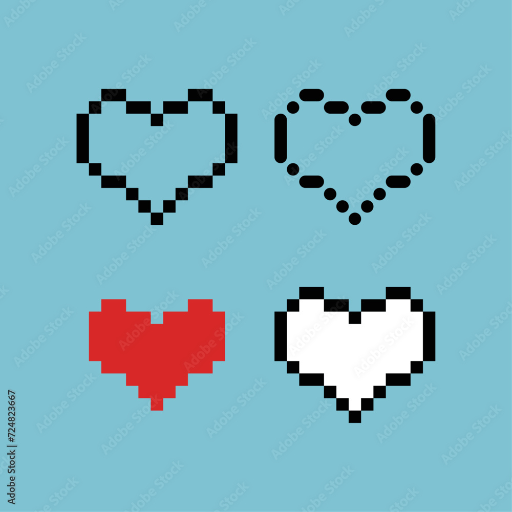 Pixel art outline sets icon of heart variation color. Heart icon on pixelated style. 8bits perfect for game asset or design asset element for your game design. Simple pixel art icon asset.
