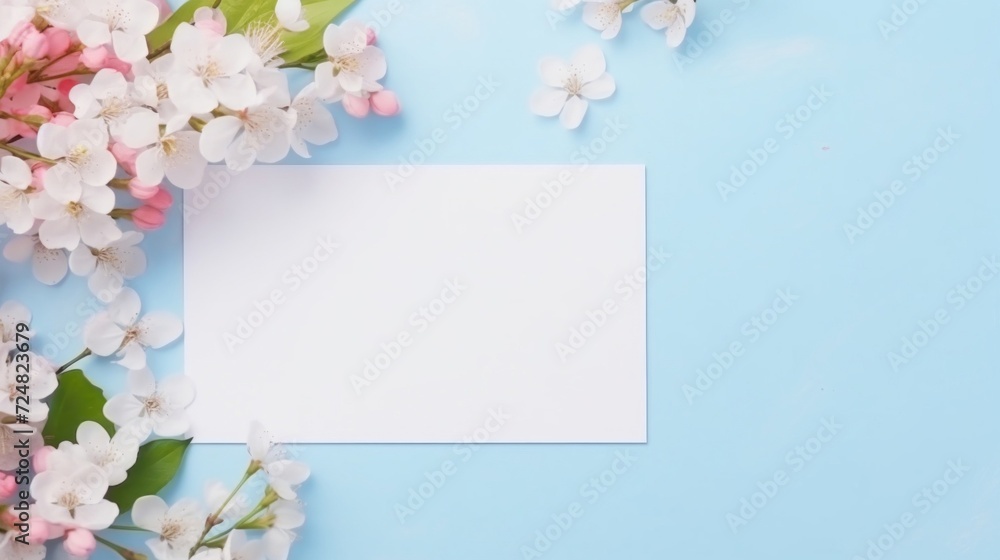A blank white card surrounded by delicate spring blossoms on a soft blue background, perfect for messages. A blank white card surrounded by delicate spring blossoms on a soft blue background, perfect for messages.