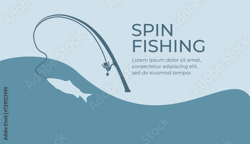 Fishing and active hobby. Fishing spining rod with fishing line. Fish biting a lure. Spin fishing on wobbler bait on the lake or river. Leisure. Оutdoor recreational. Vector illustration flat design.