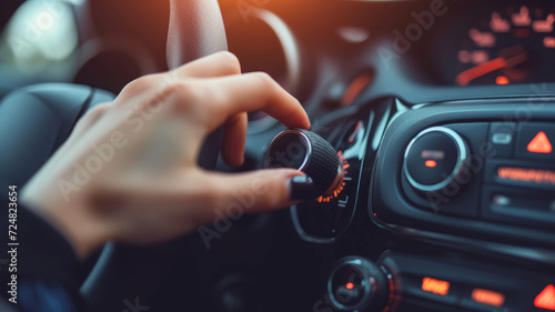 A woman's hand holds a round adjustment knob in a car.