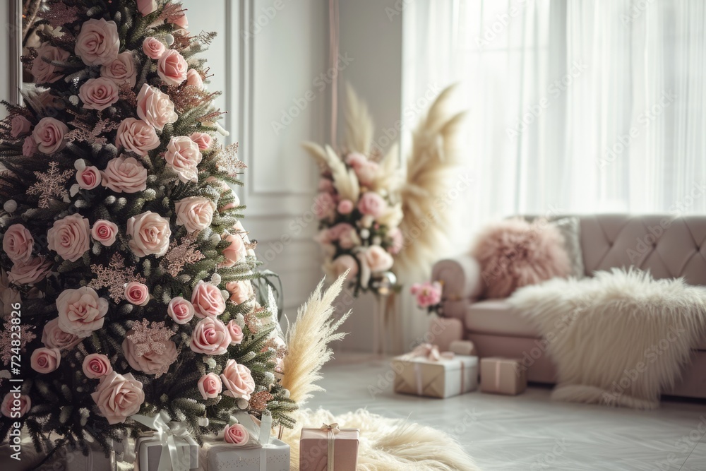 Minimalist Holiday Elegance: Christmas Tree with Roses and Pampas Grass in Pastel Glamour Interior