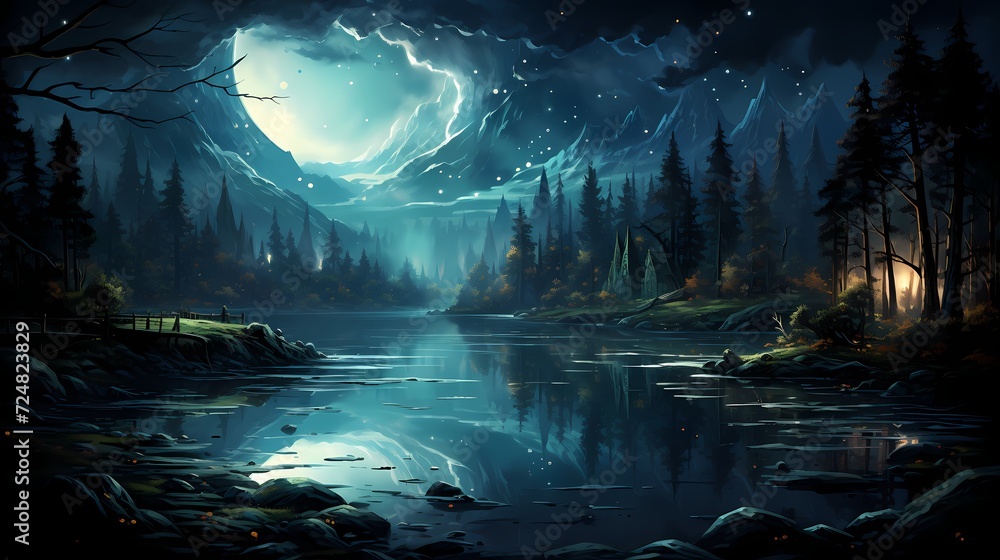 An enchanting obsidian black lake reflecting the vastness of the cosmos, with shooting stars leaving trails of light across the night sky An enchanting obsidian black lake reflecting the vastness of the cosmos, with shooting stars leaving trails of light across the night sky