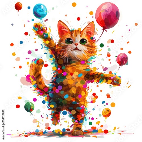 Crazy Cat Celebration - Colorful Cartoon Cat with Balloons and Confetti for Festive Party Greeting Card