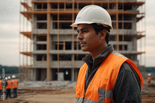 construction engineer standing with his back and watches at a house building construction. Civil Engineer Hispanic smiling with Construction backgrounds, use for banner cover.