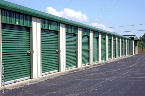 Mini Storage: Commercial Warehouse Buildings with Green Doors for Self-Storage Business