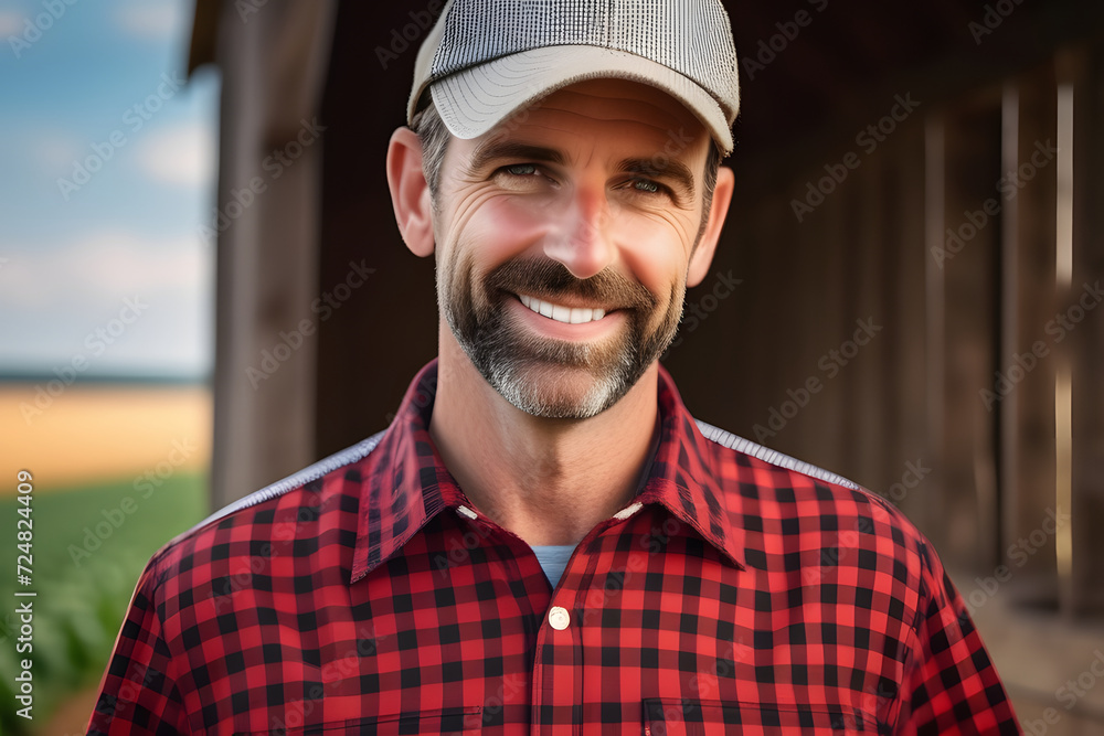 Happy Farmer Smiling and Positively Posing in Plaid Shirt and Baseball Cap in Front of Barn on Farm. Happy Farmer Smiling and Positively Posing in Plaid Shirt and Baseball Cap in Front of Barn on Farm.
