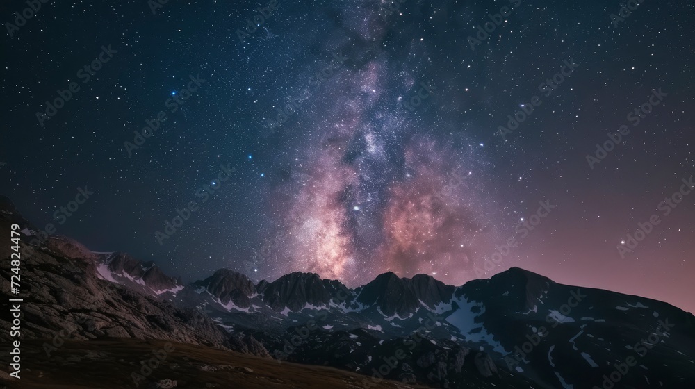 Night sky stars. Milky way across mountains landscape, stock photo