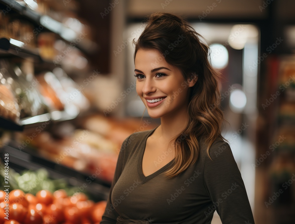 Pregnant woman in a supermarket with a cart posing in front of shelves with products. Concept: food, shopping and advertising materials aimed at pregnant women, healthy lifestyle and shopping
