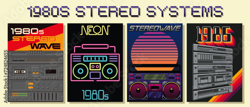 1980s Stereo Systems Posters, Vintage Electronics, Boombox, Recorder, 80s Backgrounds