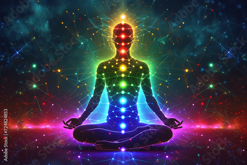 Abstract representation of a meditating person with chakras illuminated by vibrant multicolored lights and cosmic energy
