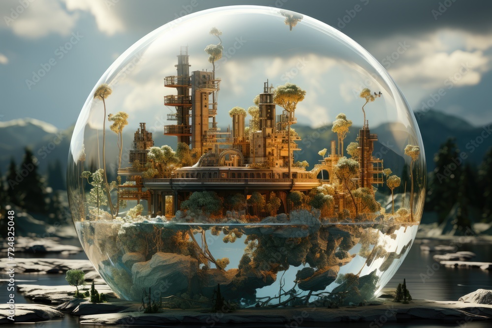 Obraz premium An image of a factory or a power plant surrounded by a transparent sphere. This image represents the need for a net zeco emissions and carbon capture.