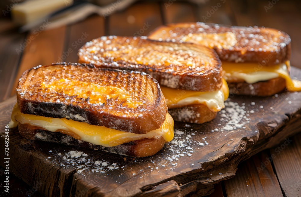 Layered Toasted Cheese Sandwiches - Four Grilled Delights on a Cut Off Wooden Table in Light Yellow and White Fiber Style Layered Toasted Cheese Sandwiches - Four Grilled Delights on a Cut Off Wooden Table in Light Yellow and White Fiber Style