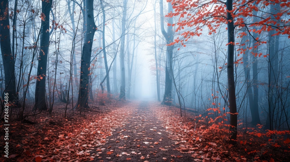 Path trough a strange beautiful forest with fog in autumn