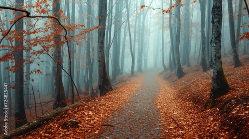 Path trough a strange beautiful forest with fog in autumn