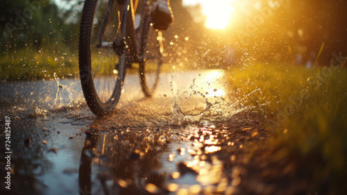 A cyclist rushes along a wet road