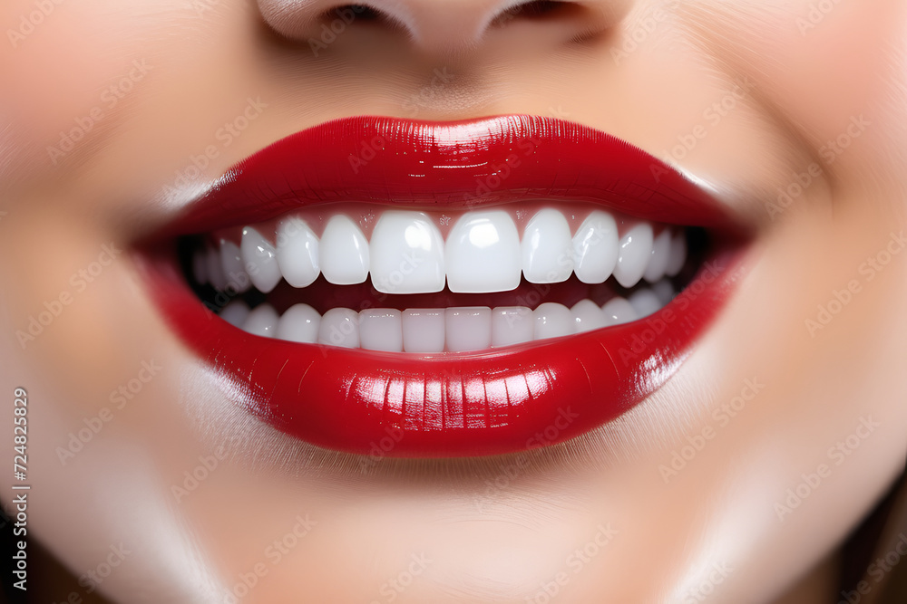 Obraz premium Close-up of a womans luscious red glossy lips and bright white teeth in a perfect smile