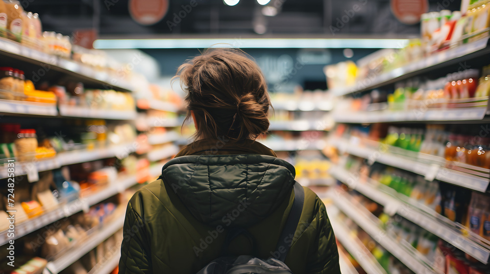 rear view of woman in a supermarket looking at groceries on shelf